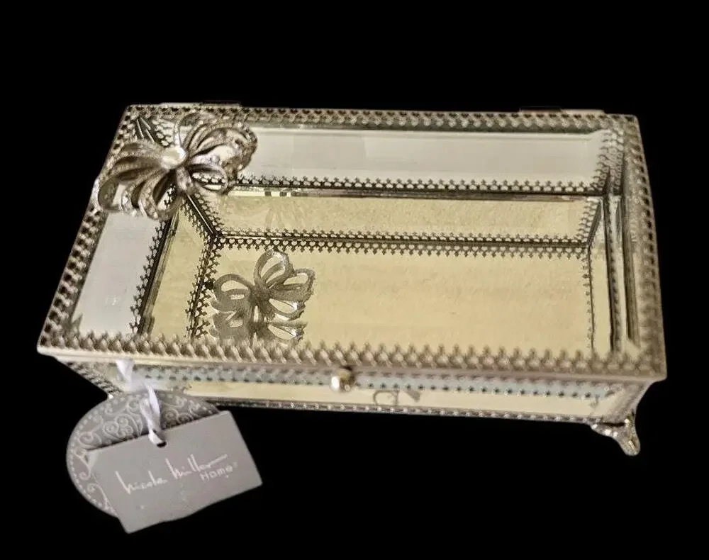 Nicole Miller Ornate Glass Jewelry Box with Crystal Jeweled Embellishment, NWT